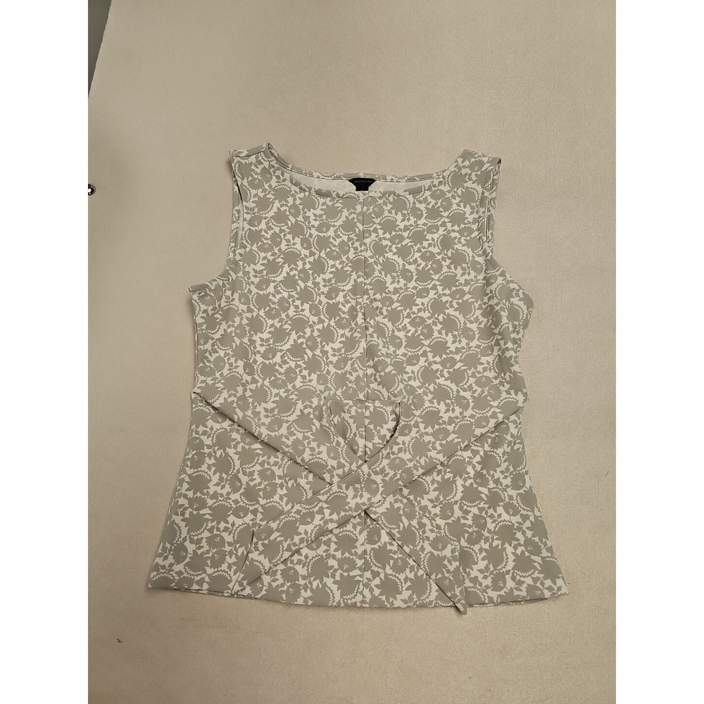 Ann Taylor Blouse Womens XS White Gray Floral Stretch Wrap Tie  Sleevless